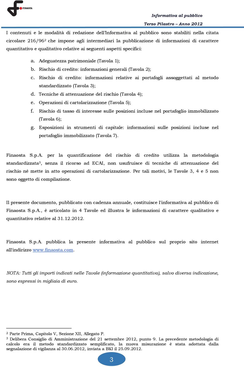 Rischio di credito: informazioni relative ai portafogli assoggettati al metodo standardizzato (Tavola 3); d. Tecniche di attenuazione del rischio (Tavola 4); e.