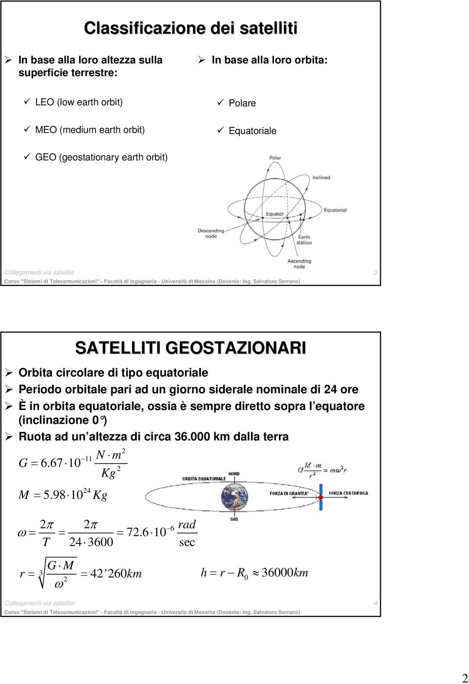 pari ad un giorno siderale nominale di 24 ore È in orbita equatoriale, ossia è sempre diretto sopra l equatore (inclinazione 0 ) Ruota ad un altezza di circa 36.