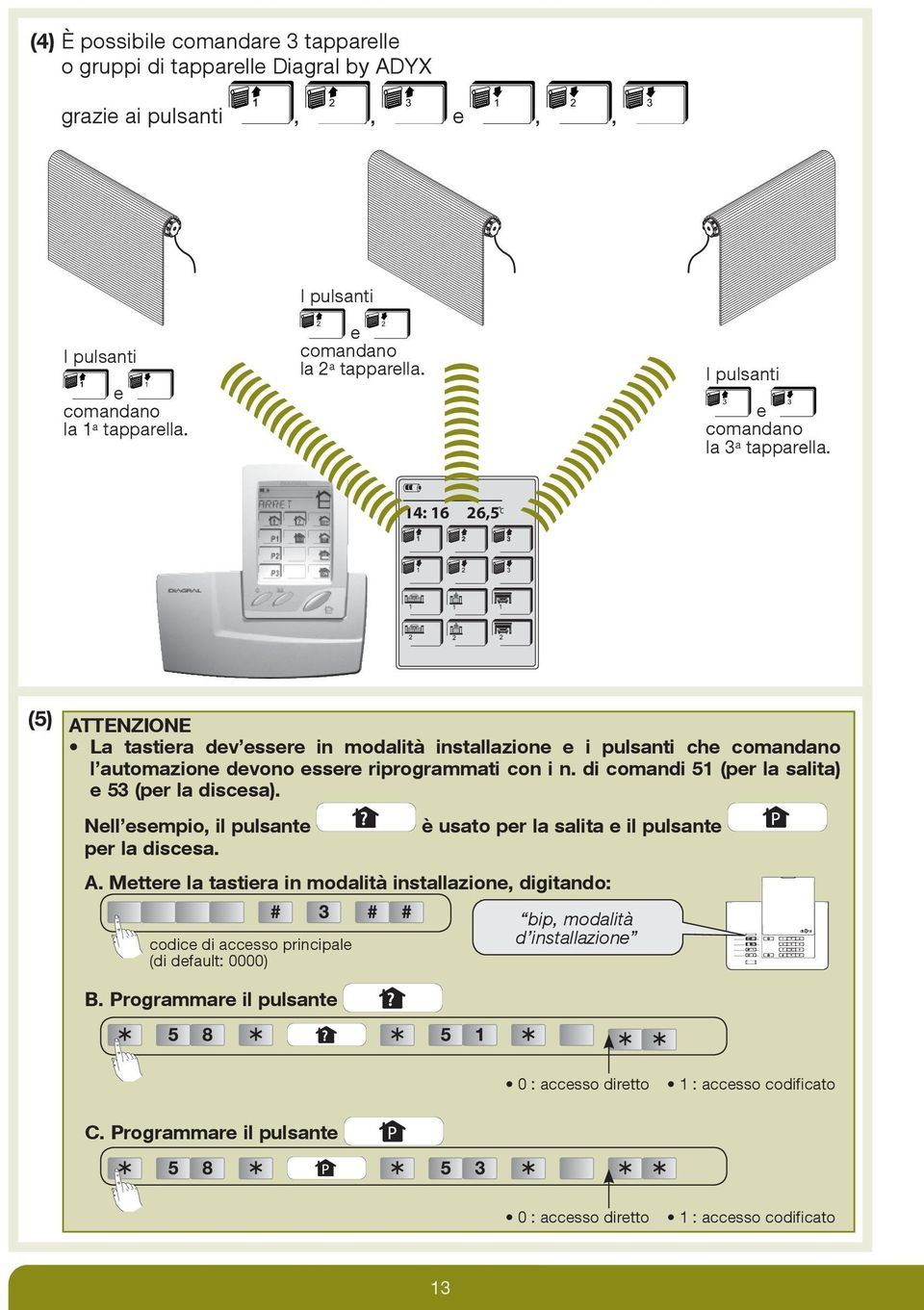 (5) ATTENZIONE La tastiera dev essere in modalità installazione e i pulsanti che comandano l automazione devono essere riprogrammati con i n. di comandi 5 (per la salita) e 53 (per la discesa).