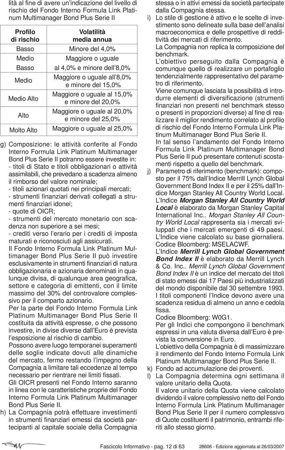 al 20,0% e minore del 25,0% Maggiore o uguale al 25,0% g) Composizione: le attività conferite al Fondo Interno Formula Link Platinum Multimanager Bond Plus Serie II potranno essere investite in: -