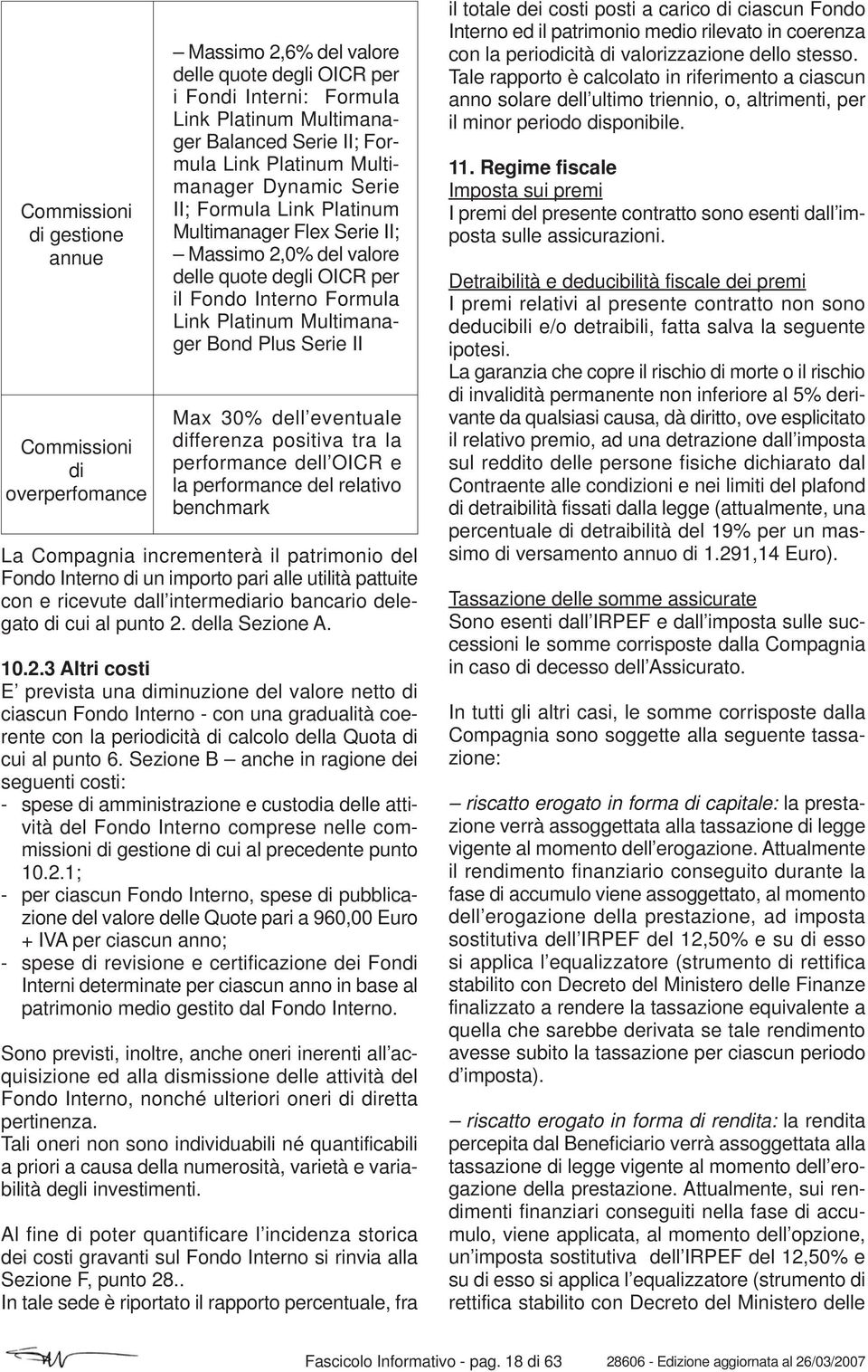 Plus Serie II Max 30% dell eventuale differenza positiva tra la performance dell OICR e la performance del relativo benchmark La Compagnia incrementerà il patrimonio del Fondo Interno di un importo