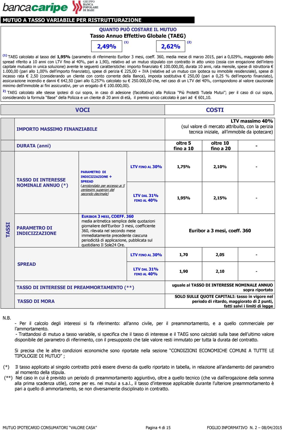 360, media mese di marzo 2015, pari a 0,029%, maggiorato dello spread riferito a 10 anni con LTV fino al 40%, pari a 1,90), relativo ad un mutuo stipulato con contratto in atto unico (ossia con