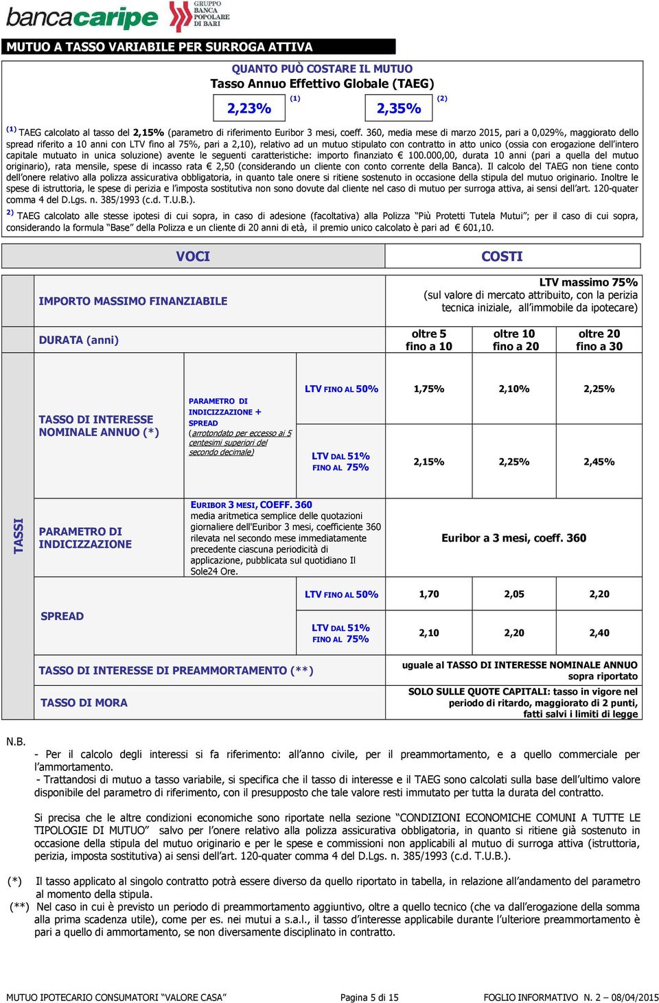 360, media mese di marzo 2015, pari a 0,029%, maggiorato dello spread riferito a 10 anni con LTV fino al 75%, pari a 2,10), relativo ad un mutuo stipulato con contratto in atto unico (ossia con