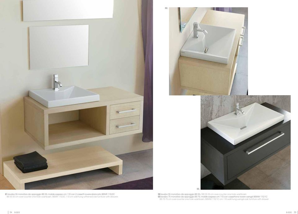 one-hole washbasin; BISMR 110/2C 110 cm wall-hung withened oak furniture with drawers 03. 02.