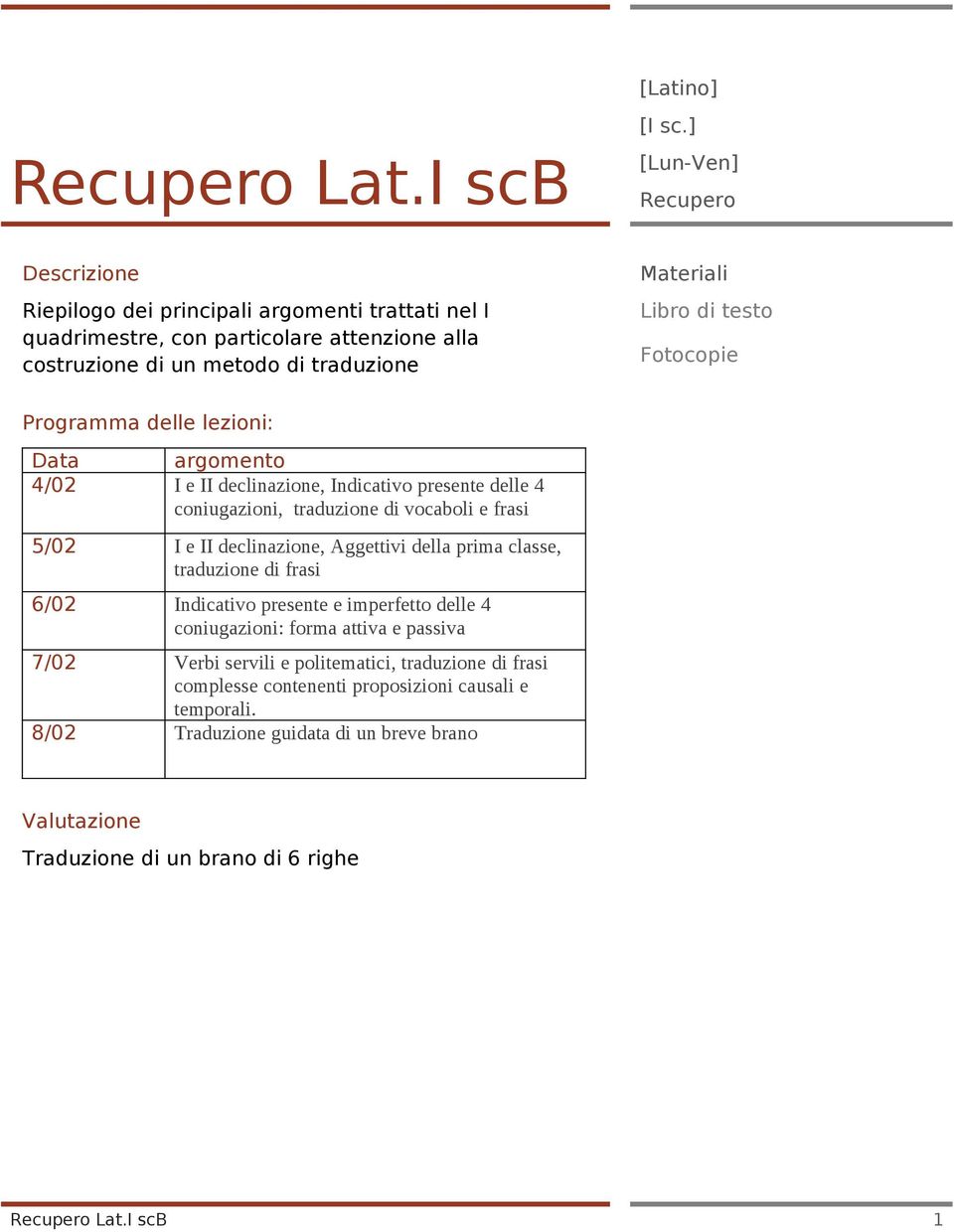 Fotocopie Programma delle lezioni: Data argomento 4/02 I e II declinazione, Indicativo presente delle 4 coniugazioni, traduzione di vocaboli e frasi 5/02 I e II declinazione, Aggettivi