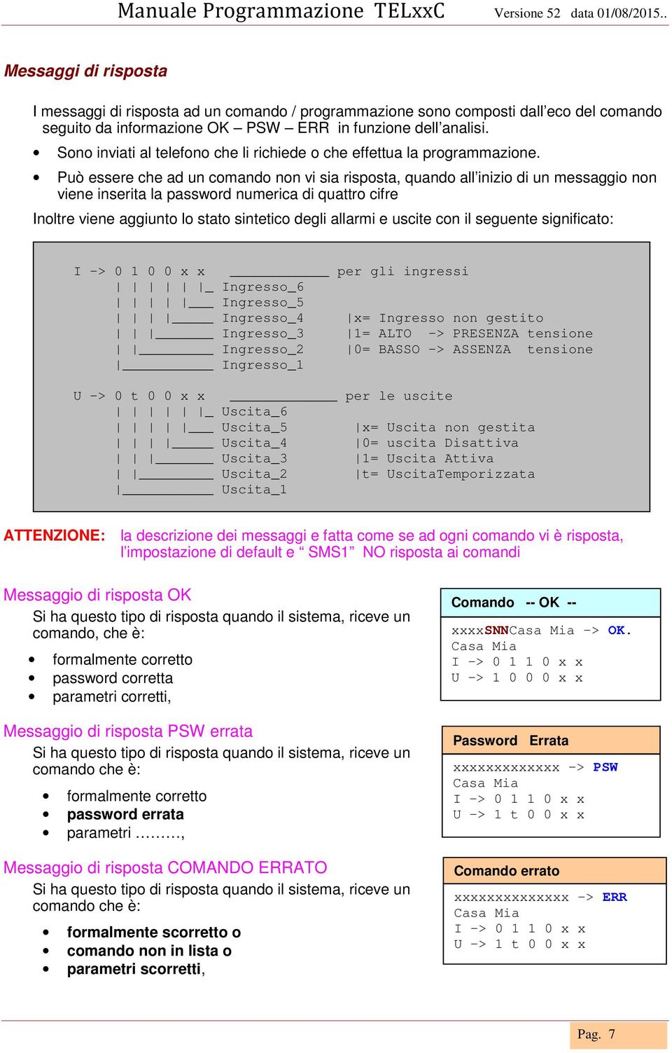 Può essere che ad un comando non vi sia risposta, quando all inizio di un messaggio non viene inserita la password numerica di quattro cifre Inoltre viene aggiunto lo stato sintetico degli allarmi e