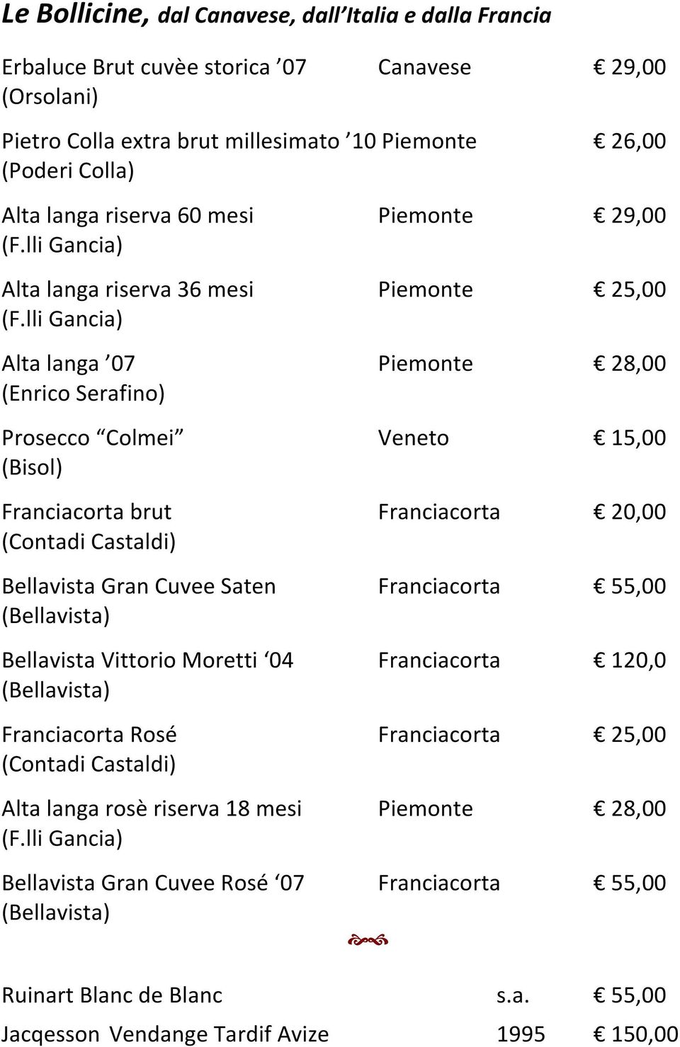 lli Gancia) Alta langa 07 Piemonte 28,00 (Enrico Serafino) Prosecco Colmei Veneto 15,00 (Bisol) Franciacorta brut Franciacorta 20,00 (Contadi Castaldi) Bellavista Gran Cuvee Saten Franciacorta 55,00