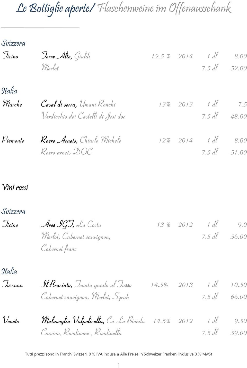 00 Roero arneis DOC 7.5 dl 51.00 Vini rossi Svizzera Ticino Ares IGT, La Costa 13 % 2012 1 dl 9.0 Merlot, Cabernet sauvignon, Cabernet franc 7.5 dl 56.