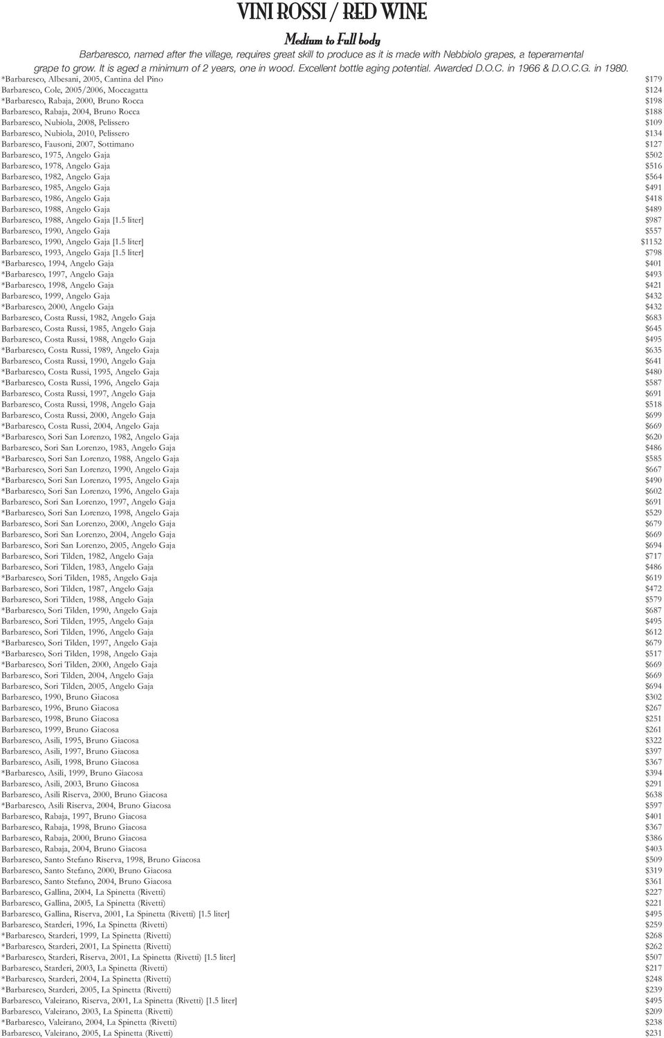 *Barbaresco, Albesani, 2005, Cantina del Pino $179 Barbaresco, Cole, 2005/2006, Moccagatta $124 *Barbaresco, Rabaja, 2000, Bruno Rocca $198 Barbaresco, Rabaja, 2004, Bruno Rocca $188 Barbaresco,