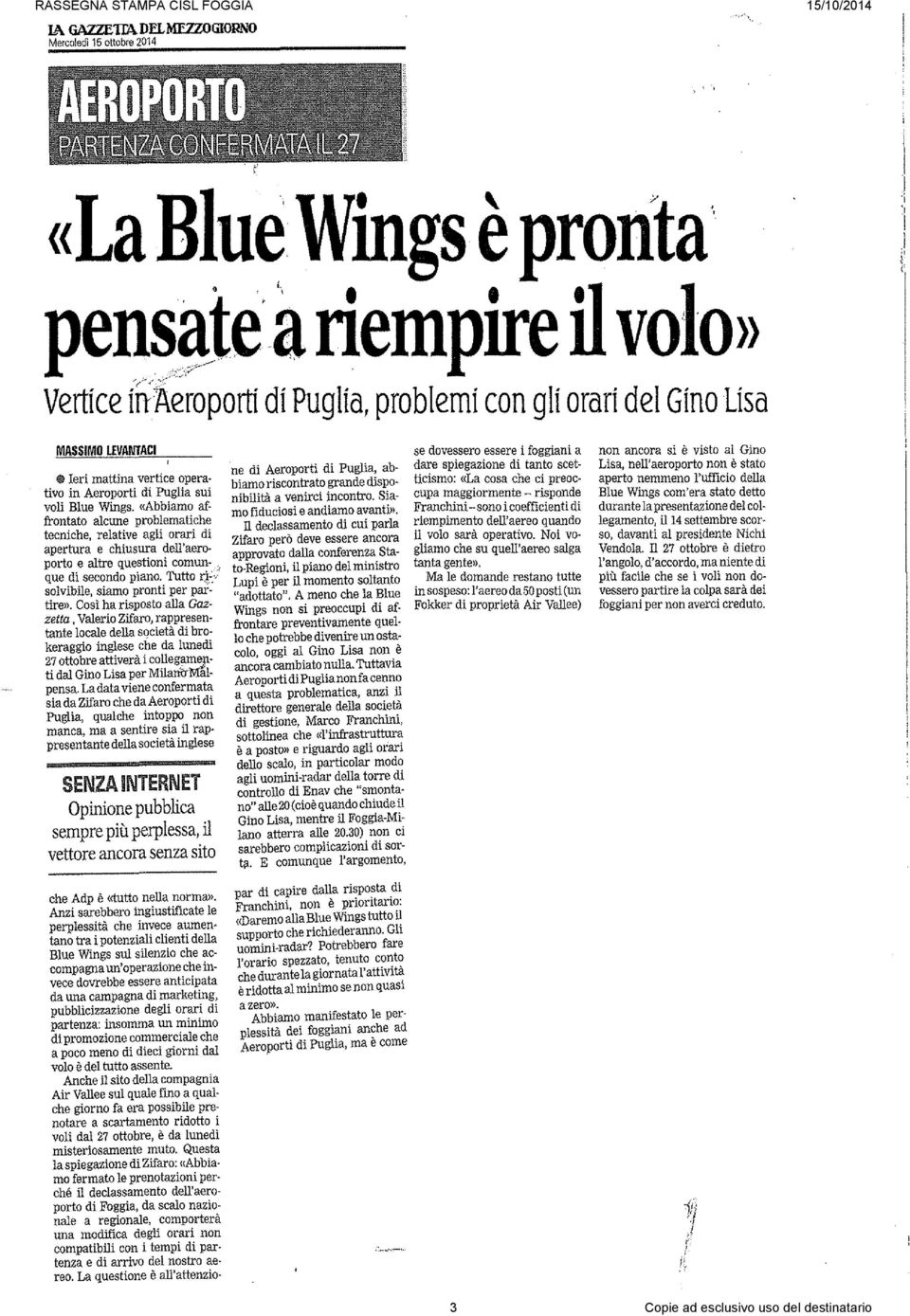 vertice operativo in Aeroporti di Puglia sui voli Blue Wings.