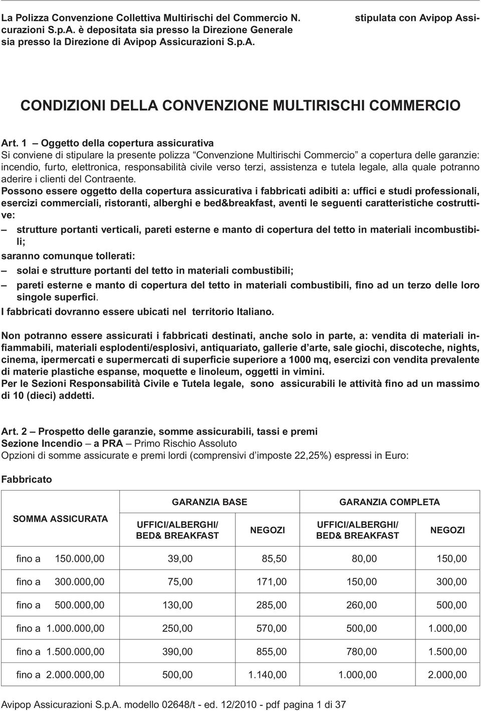 1 Oggetto della copertura assicurativa Si conviene di stipulare la presente polizza Convenzione Multirischi Commercio a copertura delle garanzie: incendio, furto, elettronica, responsabilità civile