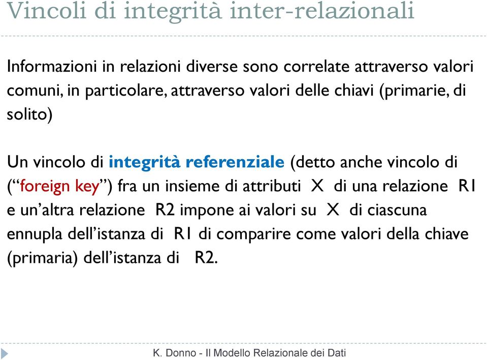 anche vincolo di ( foreign key ) fra un insieme di attributi X di una relazione R1 e un altra relazione R2 impone