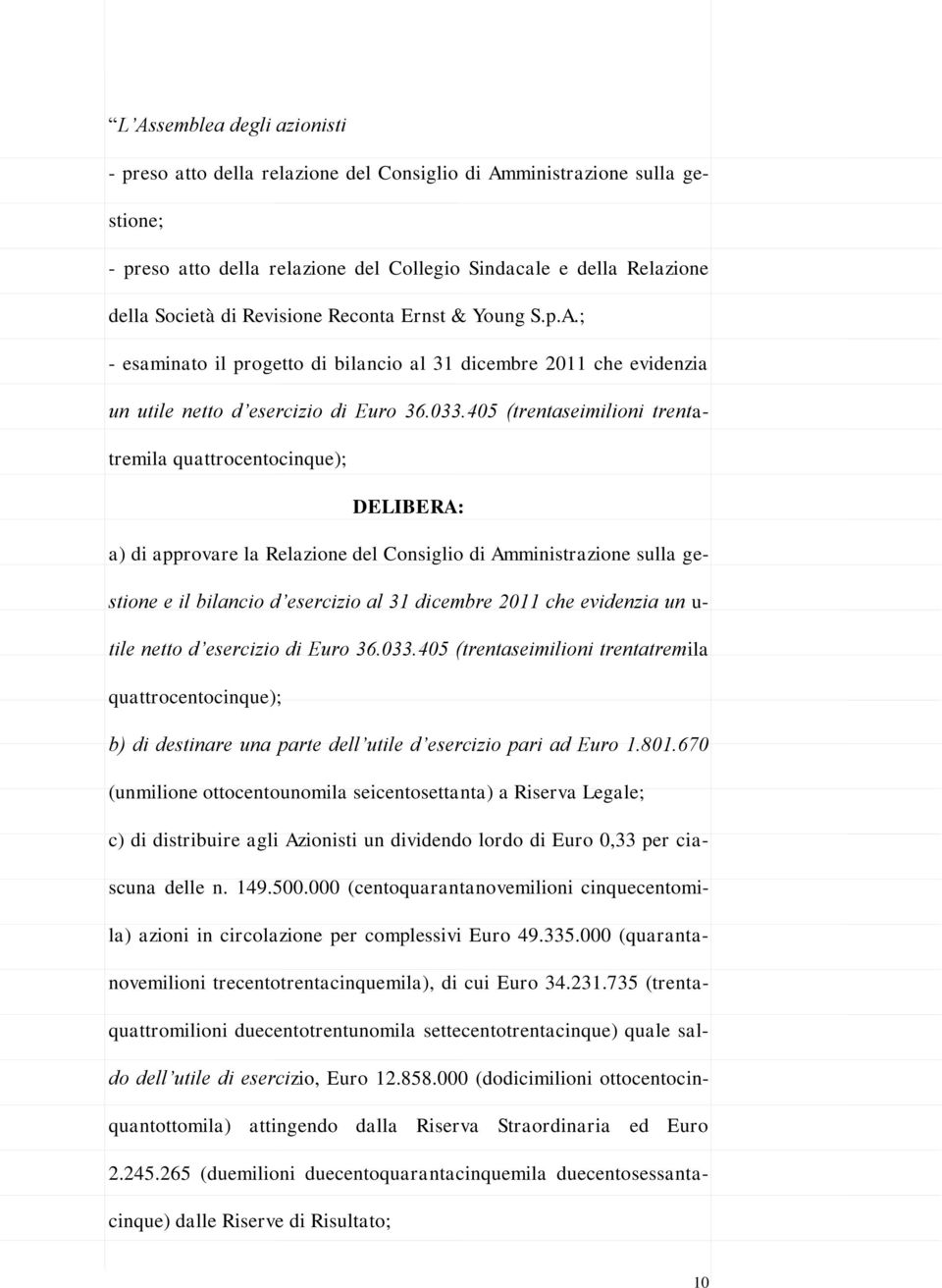 405 (trentaseimilioni trentatremila quattrocentocinque); ELIBERA: a) di approvare la Relazione del Consiglio di Amministrazione sulla gestione e il bilancio d esercizio al 31 dicembre 2011 che