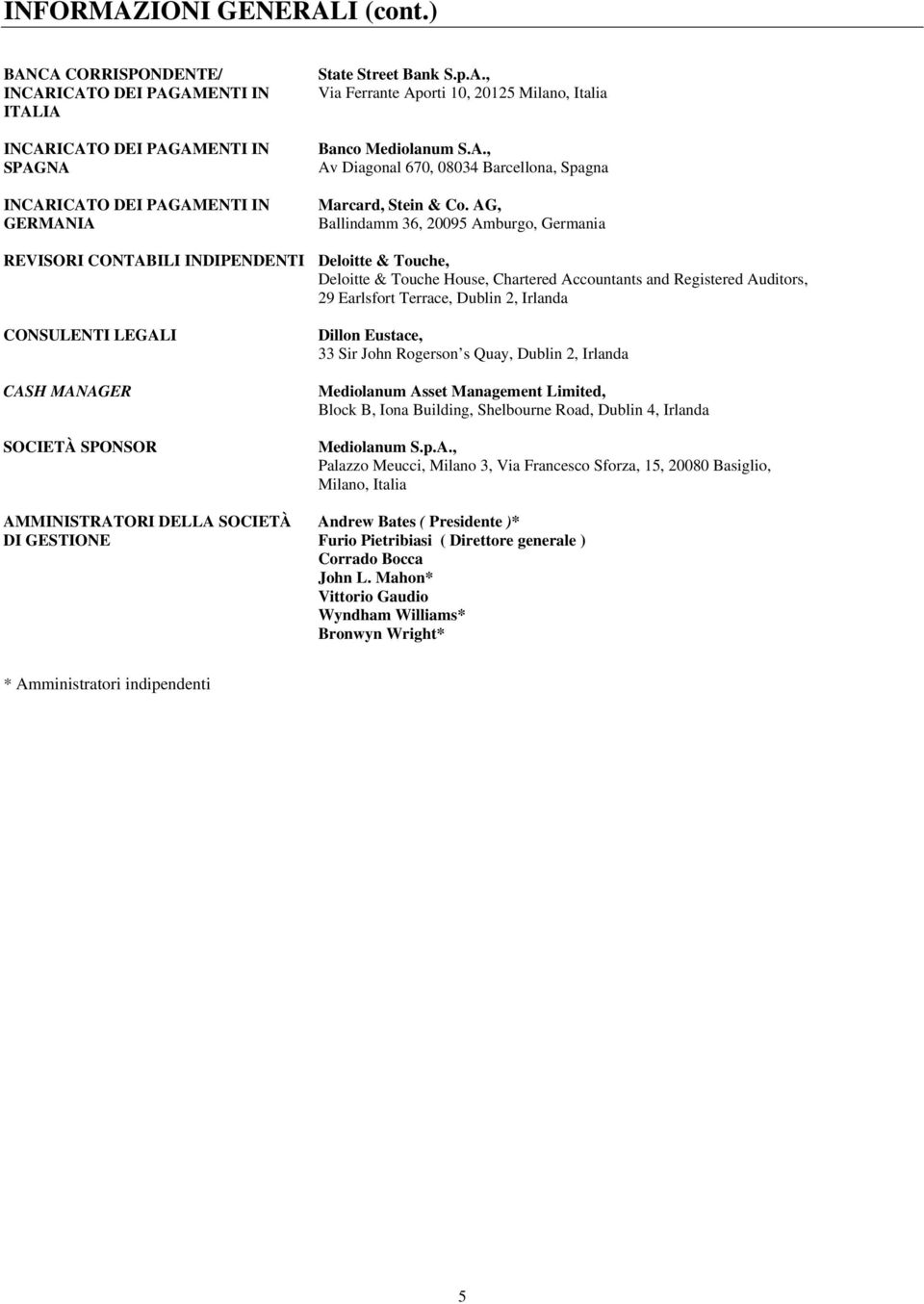 AG, Ballindamm 36, 20095 Amburgo, Germania REVISORI CONTABILI INDIPENDENTI Deloitte & Touche, Deloitte & Touche House, Chartered Accountants and Registered Auditors, 29 Earlsfort Terrace, Dublin 2,