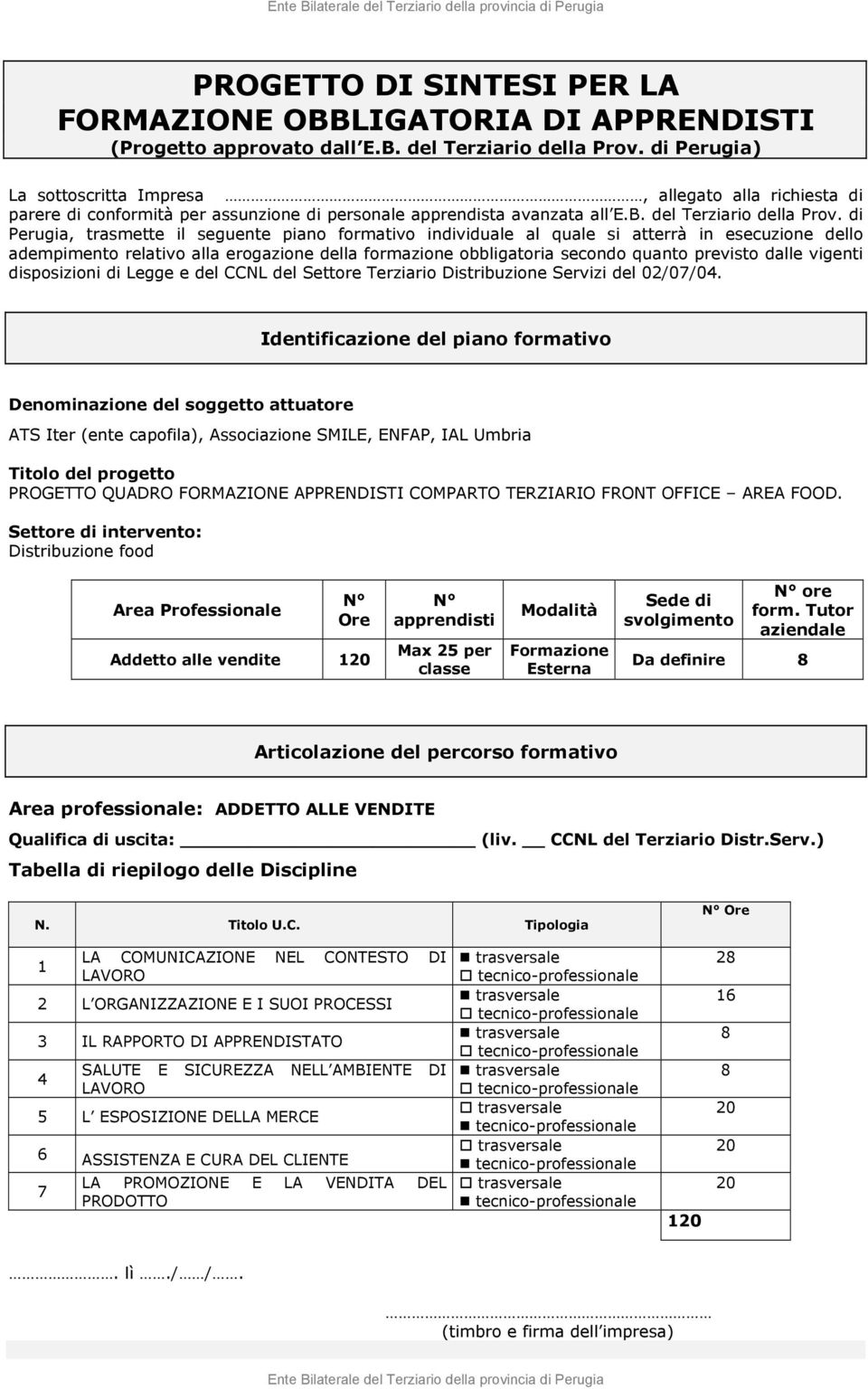 Settore di intervento: Distribuzione food Addetto alle vendite apprendisti Modalità Esterna ore form.