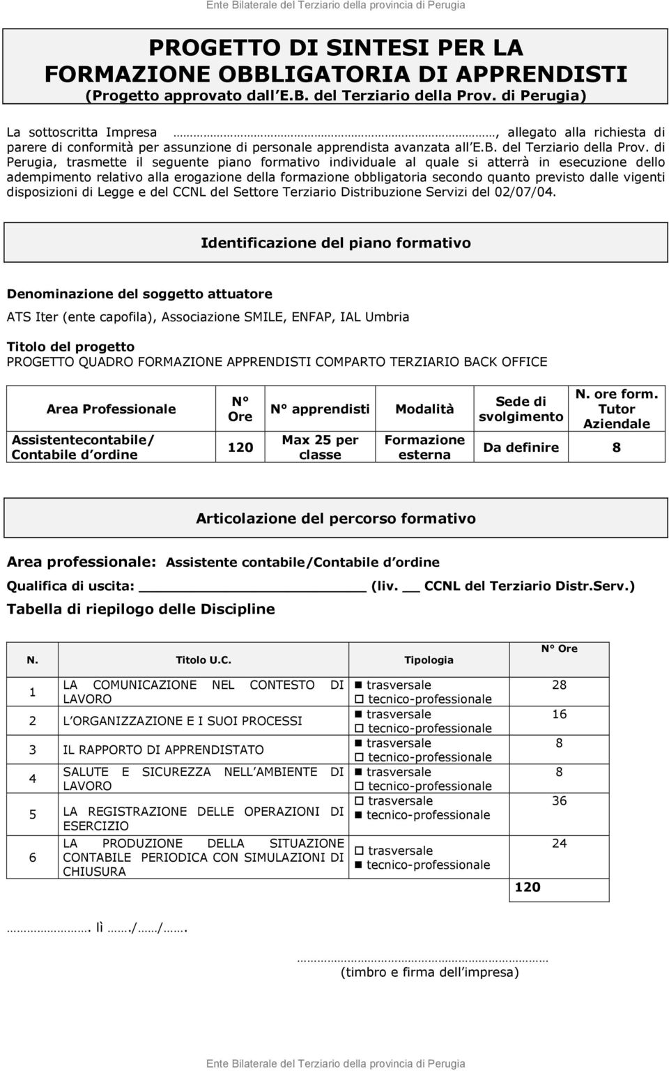 ordine apprendisti Modalità Da definire Area professionale: Assistente contabile/contabile d ordine 5 LA