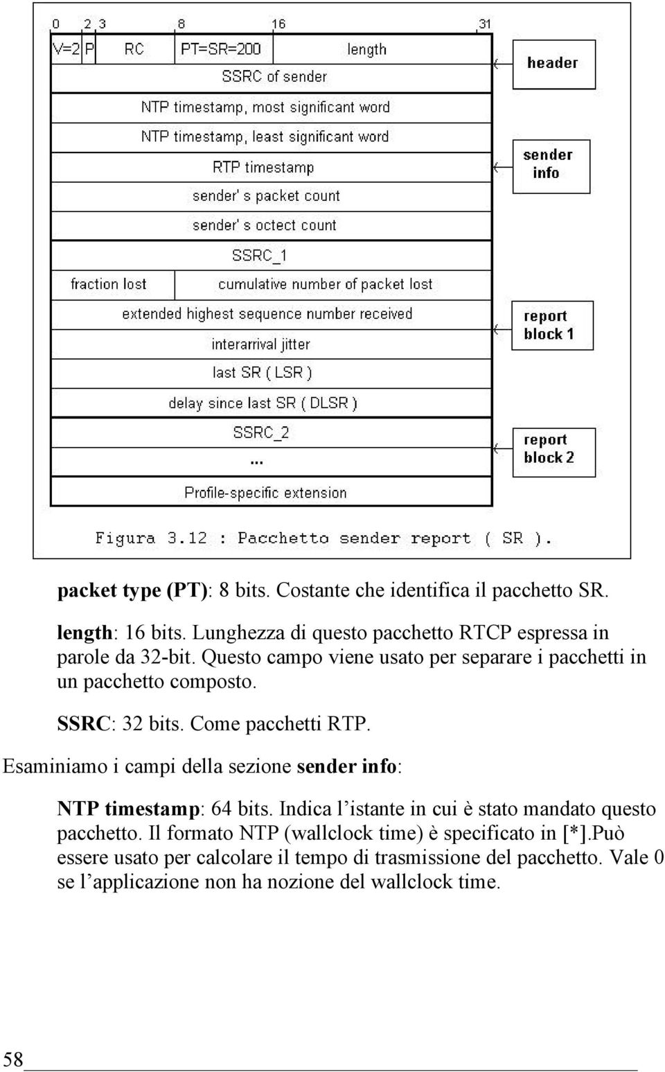 SSRC: 32 bits. Come pacchetti RTP. Esaminiamo i campi della sezione sender info: NTP timestamp: 64 bits.