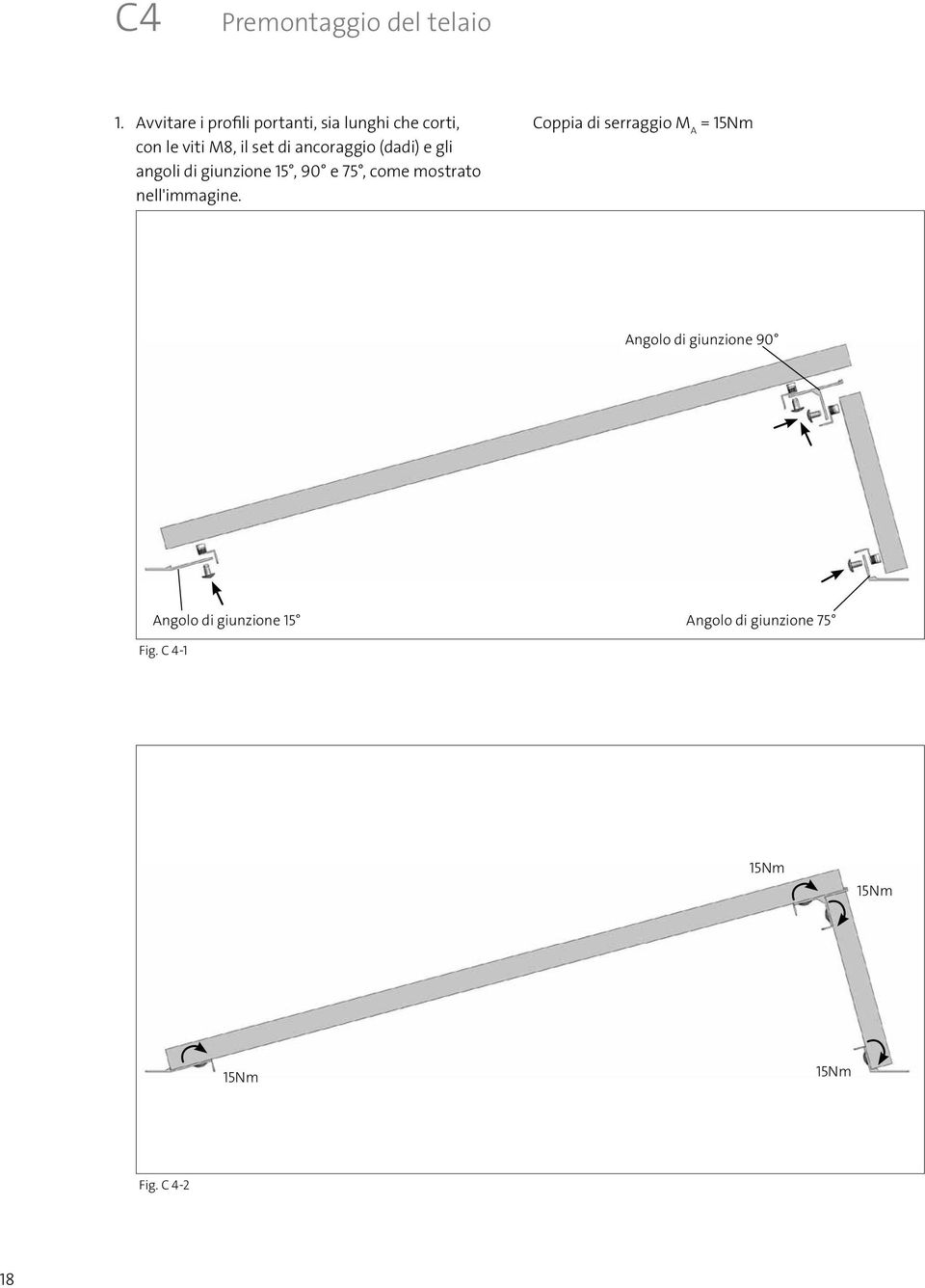 ancoraggio (dadi) e gli angoli di giunzione 15, 90 e 75, come mostrato nell'immagine.