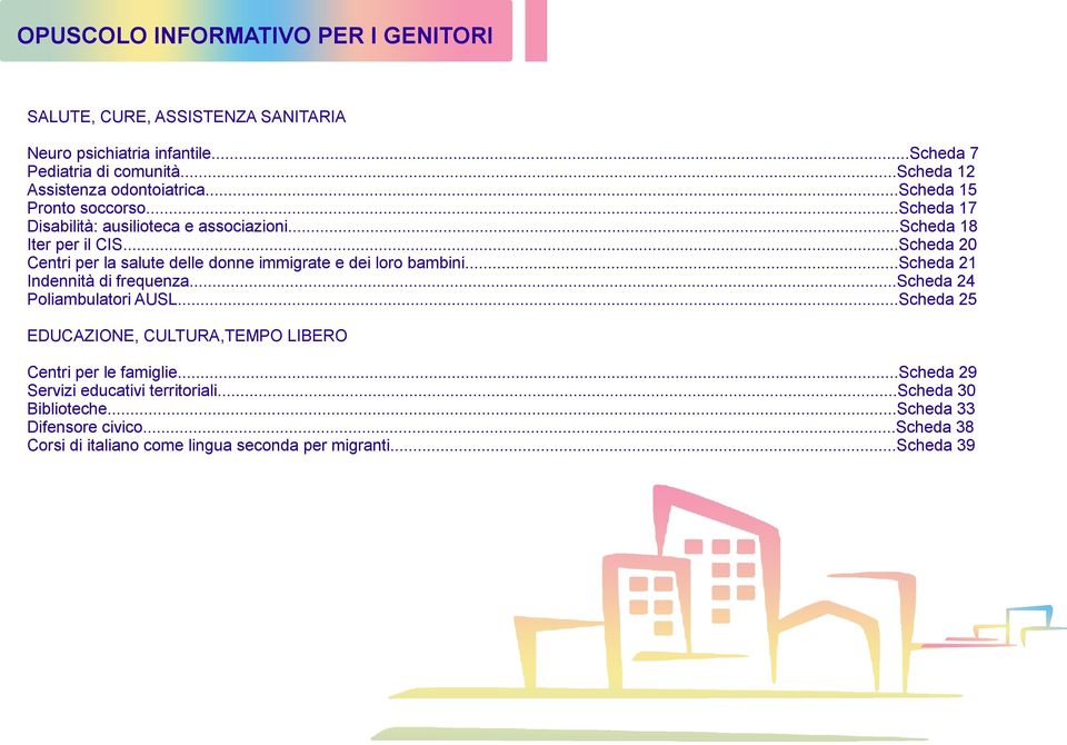..Scheda 20 Centri per la salute delle donne immigrate e dei loro bambini...scheda 21 Indennità di frequenza...scheda 24 Poliambulatori AUSL.