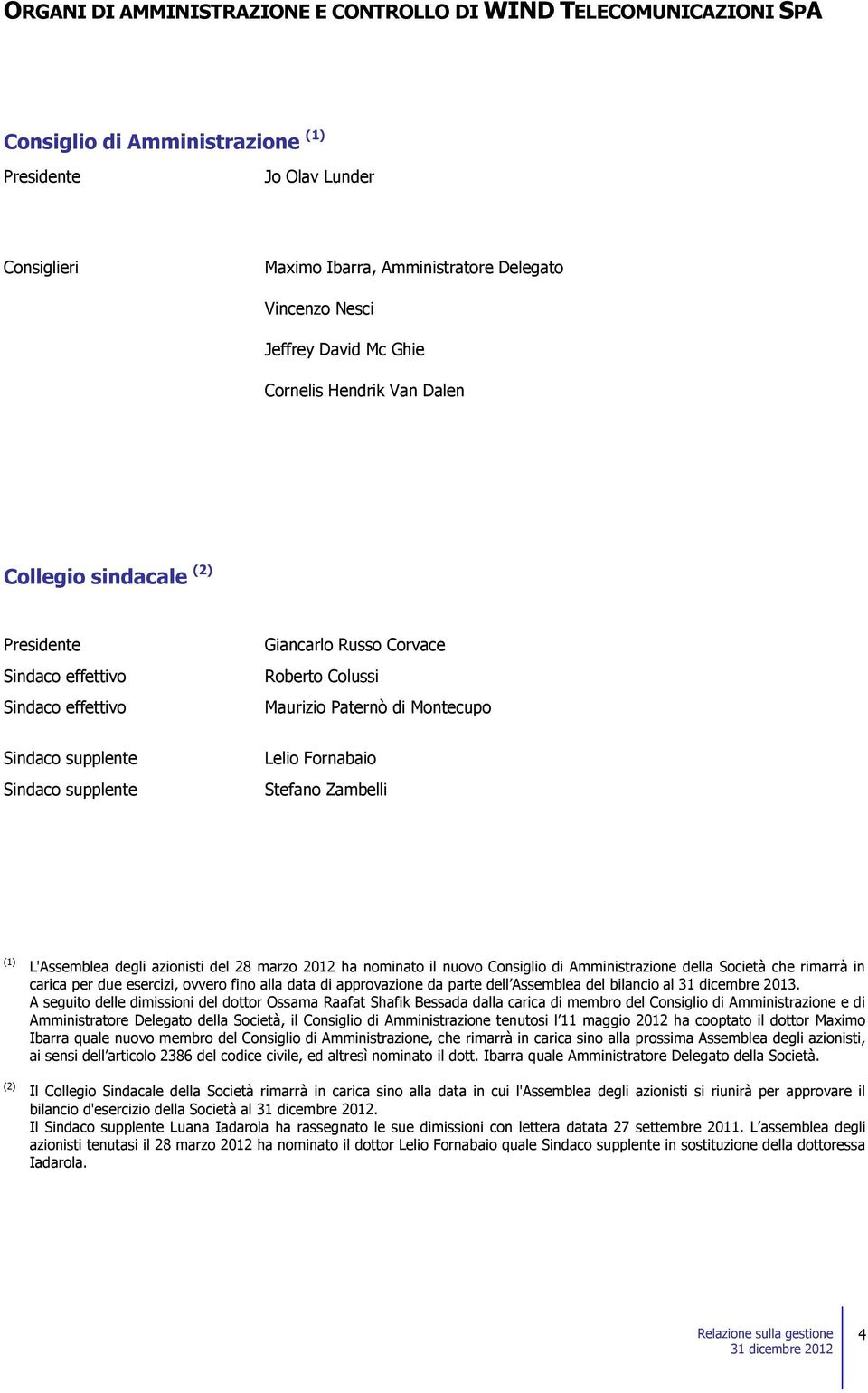 supplente Sindaco supplente Lelio Fornabaio Stefano Zambelli (1) (2) L'Assemblea degli azionisti del 28 marzo 2012 ha nominato il nuovo Consiglio di Amministrazione della Società che rimarrà in