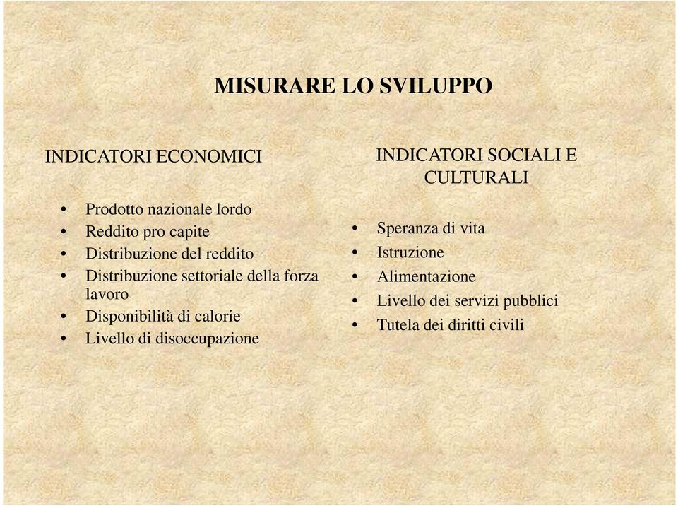 Disponibilità di calorie Livello di disoccupazione INDICATORI SOCIALI E CULTURALI