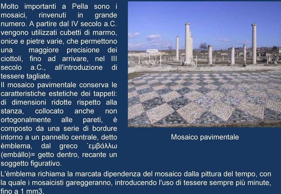 Il mosaico pavimentale conserva le caratteristiche estetiche dei tappeti: di dimensioni ridotte rispetto alla stanza, collocato anche non ortogonalmente alle pareti, è composto da una serie di