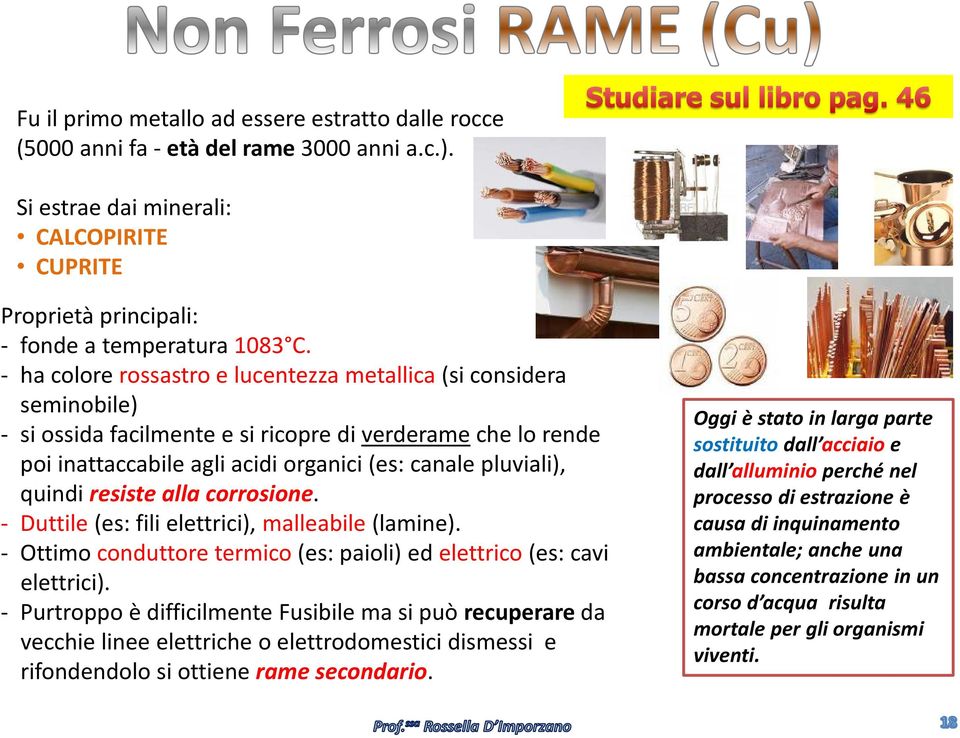 quindi resiste alla corrosione. - Duttile (es: fili elettrici), malleabile (lamine). - Ottimo conduttore termico (es: paioli) ed elettrico (es: cavi elettrici).