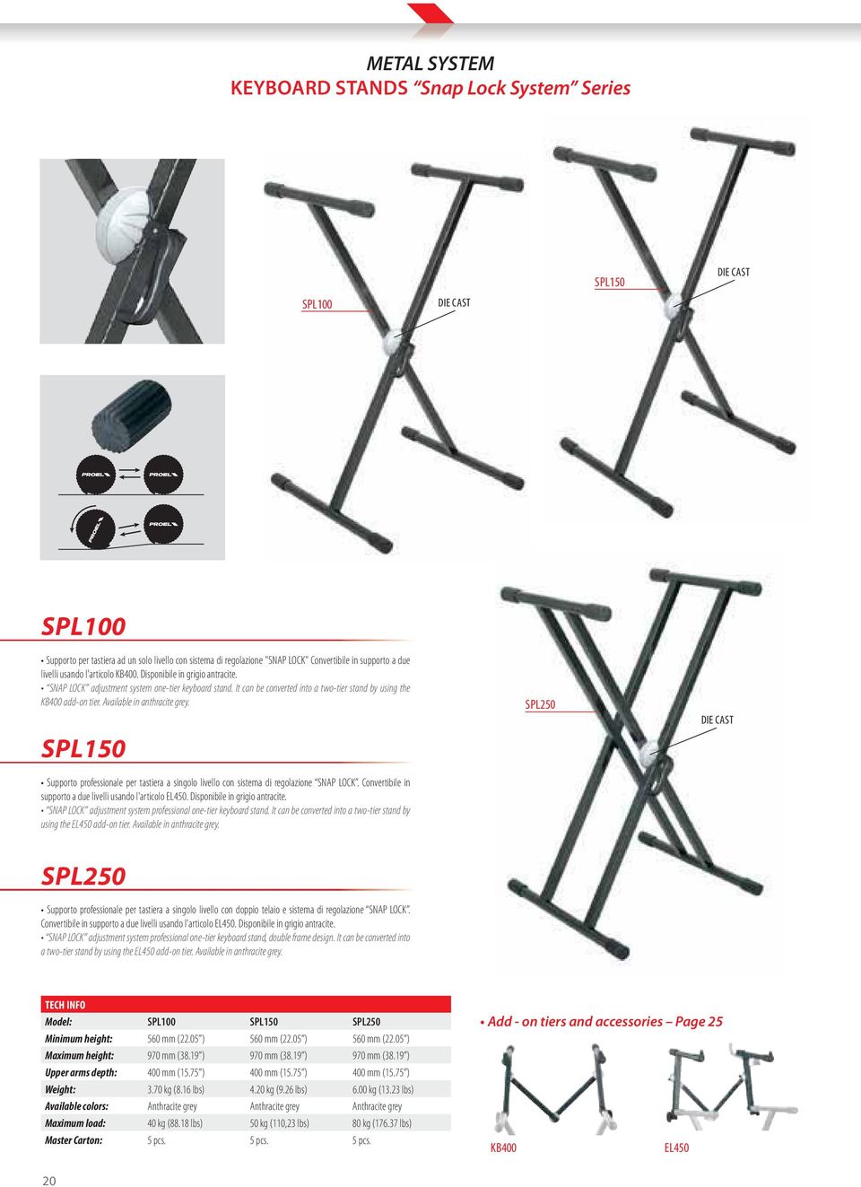 Available in anthracite grey. SPL150 Supporto professionale per tastiera a singolo livello con sistema di regolazione SNAP LOCK. Convertibile in supporto a due livelli usando l'articolo EL450.