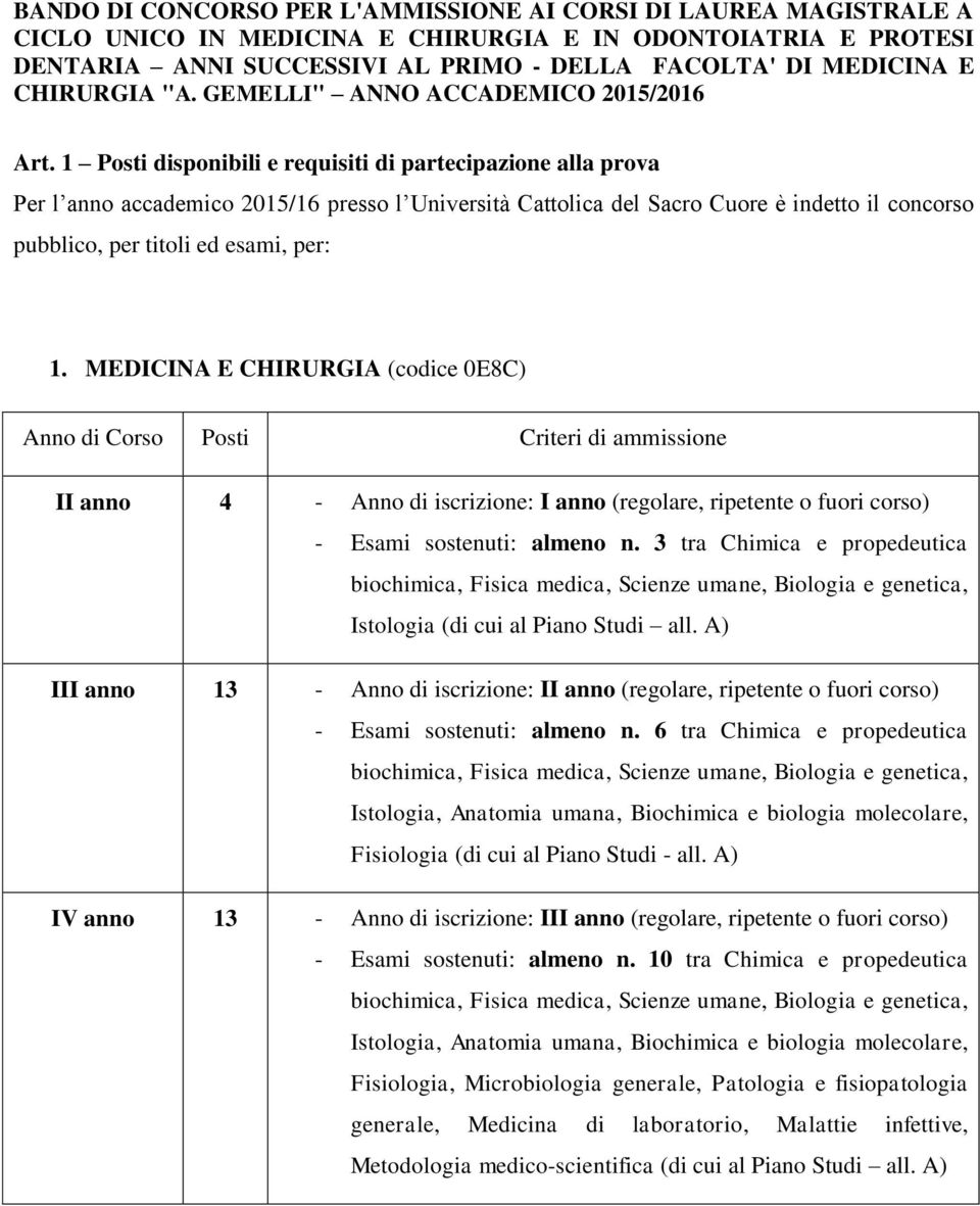 1 Posti disponibili e requisiti di partecipazione alla prova Per l anno accademico 2015/16 presso l Università Cattolica del Sacro Cuore è indetto il concorso pubblico, per titoli ed esami, per: 1.