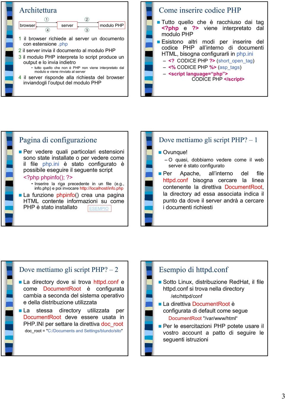 rinviato al server 4 il server risponde alla richiesta del browser inviandogli l output del modulo PHP Come inserire codice PHP Tutto quello che è racchiuso dai tag <?php e?