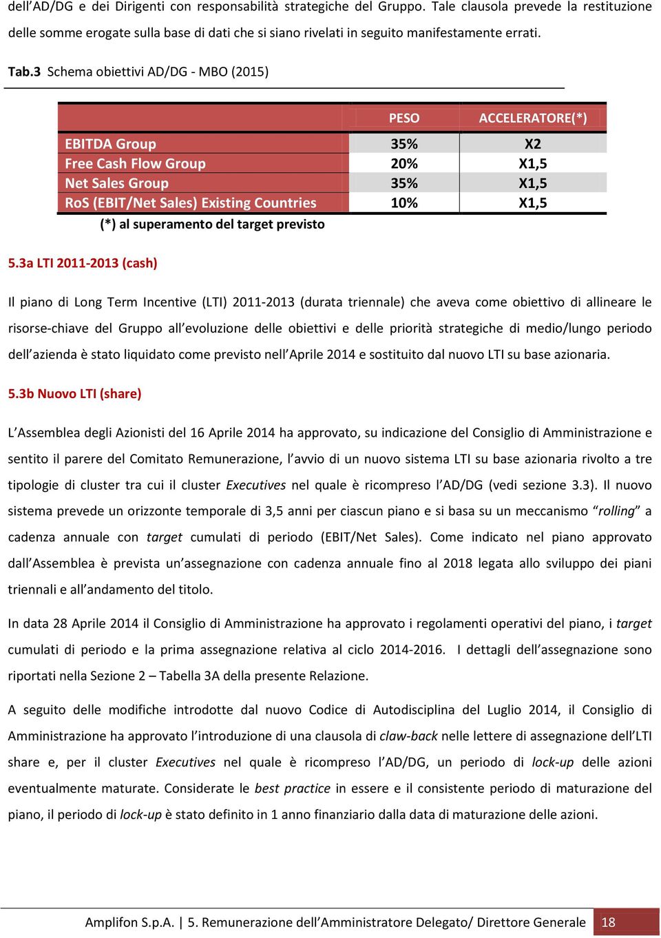 3 Schema obiettivi AD/DG - MBO (2015) PESO ACCELERATORE(*) EBITDA Group 35% X2 Free Cash Flow Group 20% X1,5 Net Sales Group 35% X1,5 RoS (EBIT/Net Sales) Existing Countries 10% X1,5 (*) al