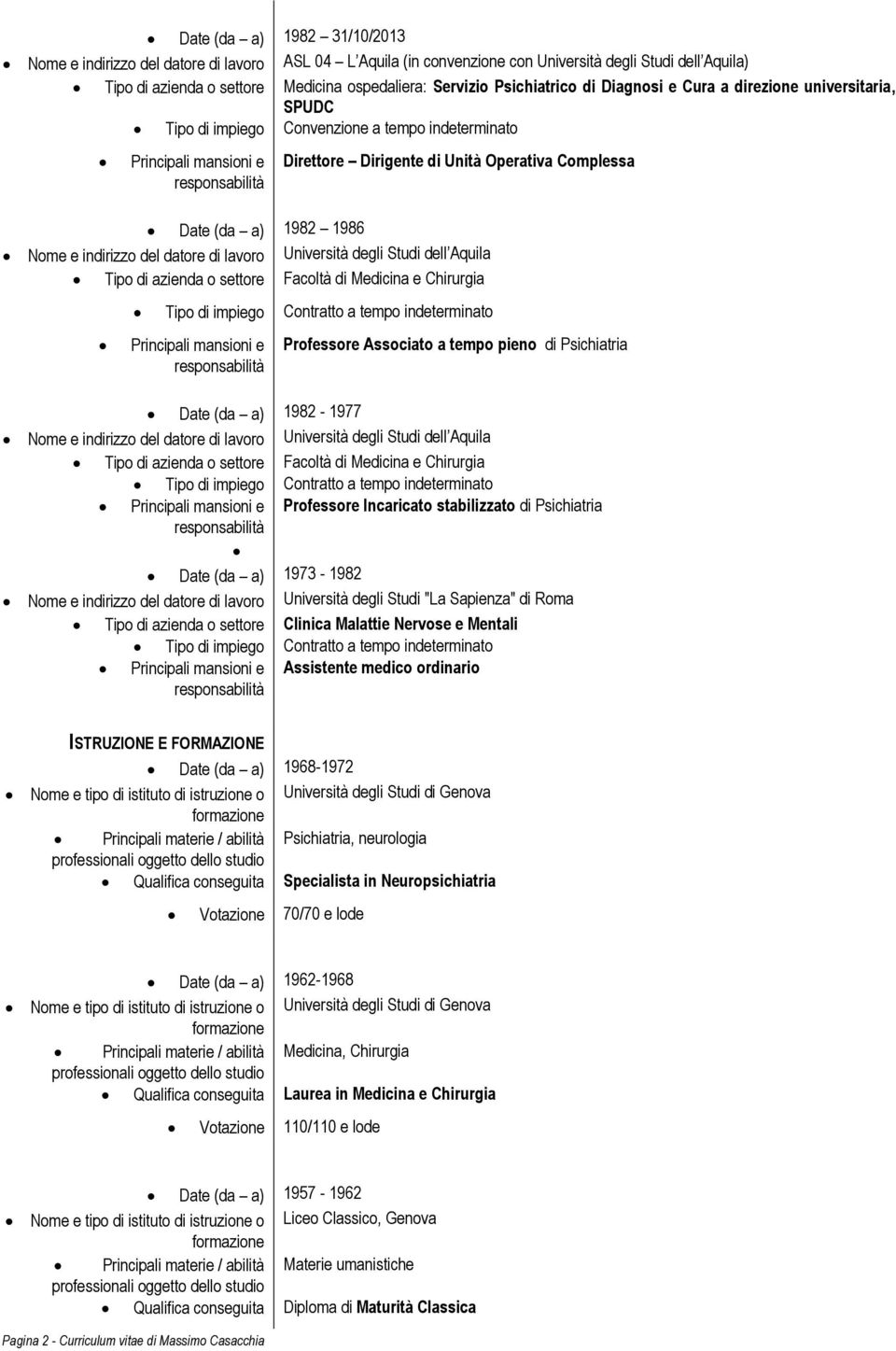 1982 1986 Tipo di azienda o settore Facoltà di Medicina e Chirurgia Principali mansioni e Professore Associato a tempo pieno di Psichiatria Date (da a) 1982-1977 Tipo di azienda o settore Facoltà di