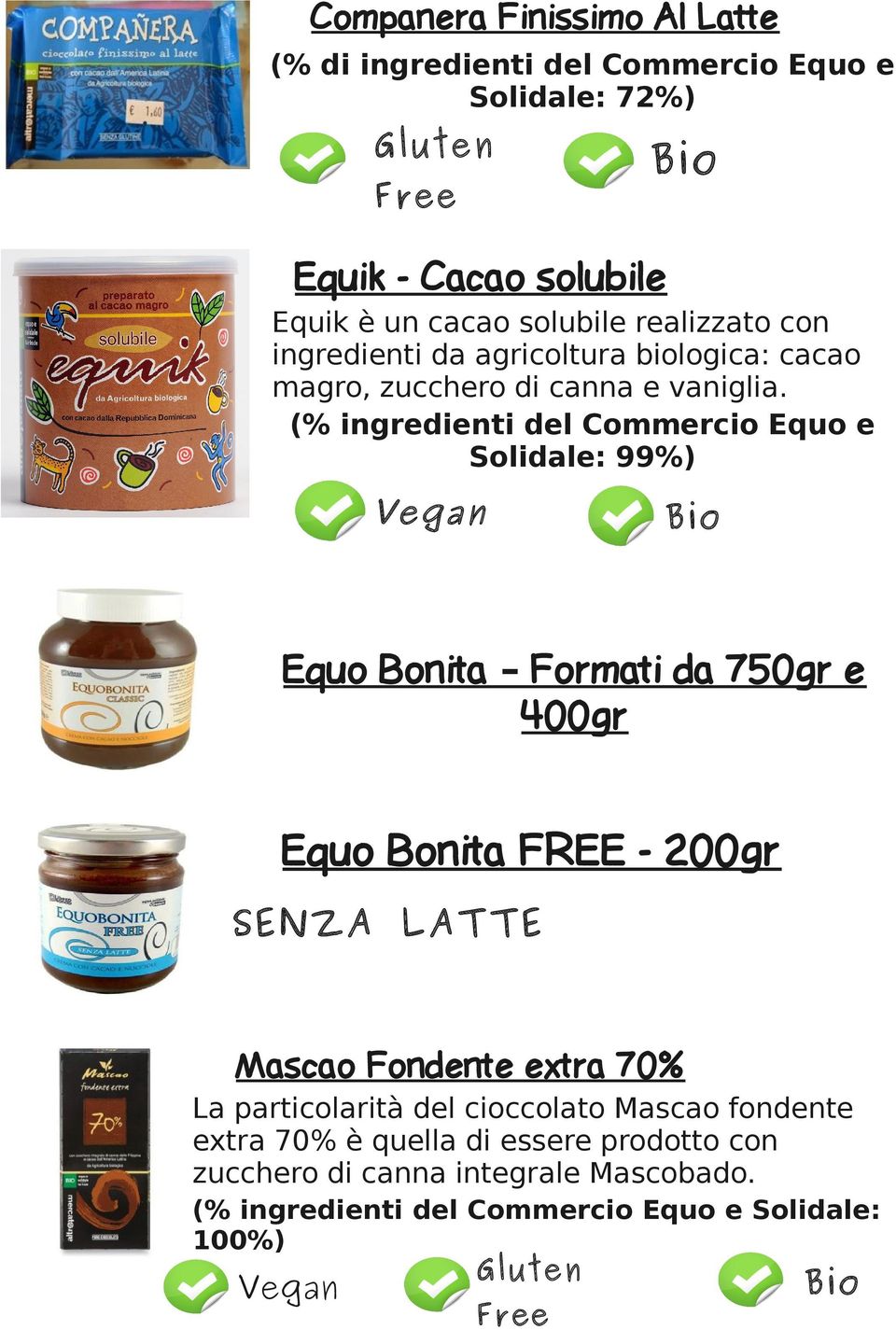 (% ingredienti del Commercio Equo e Solidale: 99%) Equo Bonita Formati da 750gr e 400gr Equo Bonita FREE - 200gr SENZA LATTE Mascao