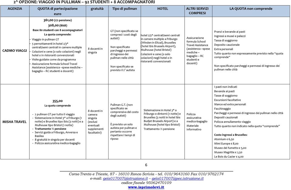 School Travel Assistance (assistenza spese mediche bagaglio RC studenti e docenti) gratuità Tipo di pullman HOTEL ALTRI SERVIZI GT (non specificato se compresi i costi degli autisti) Non specificato