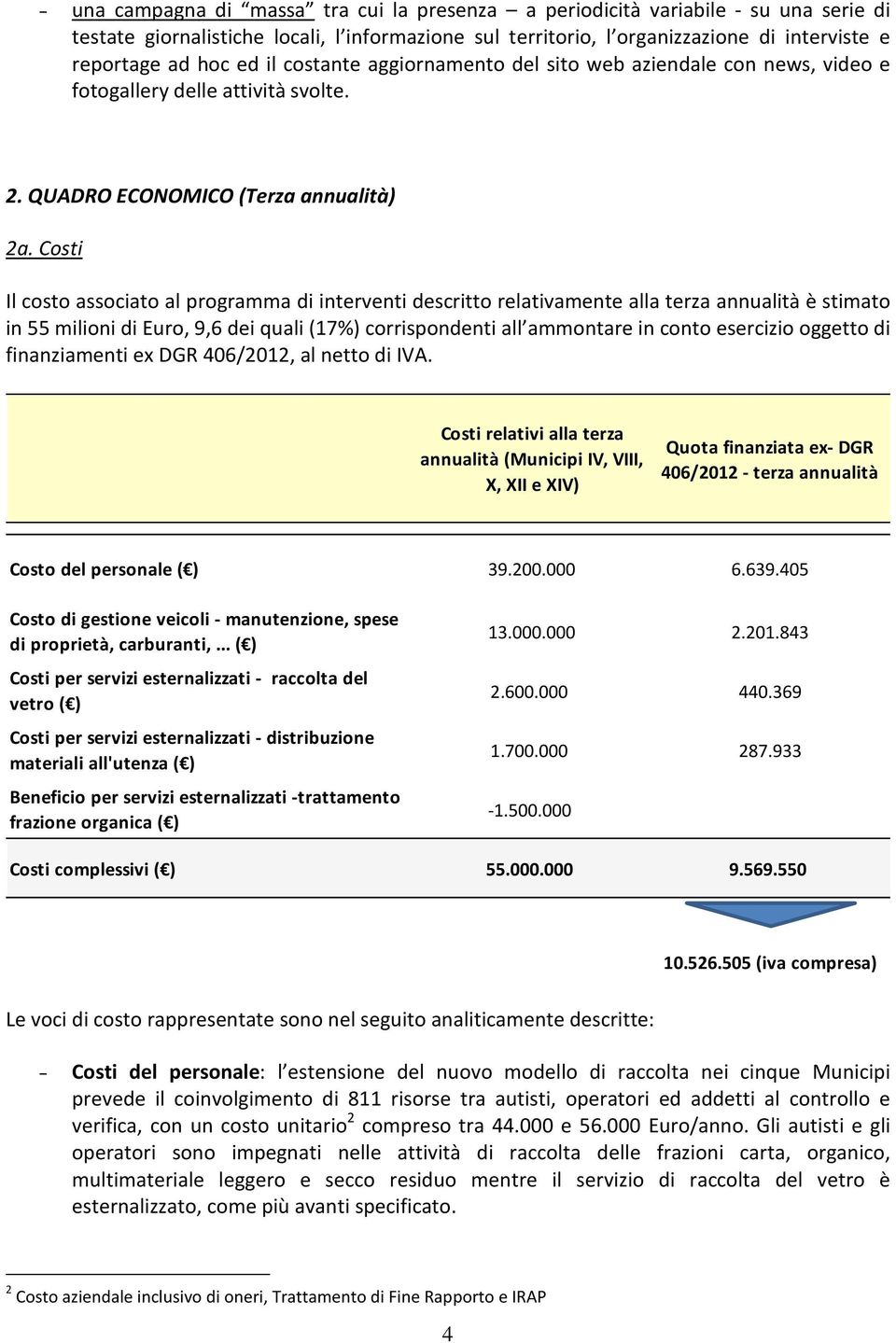 Costi Il costo associato al programma di interventi descritto relativamente alla terza annualità è stimato in 55 milioni di Euro, 9,6 dei quali (17%) corrispondenti all ammontare in conto esercizio