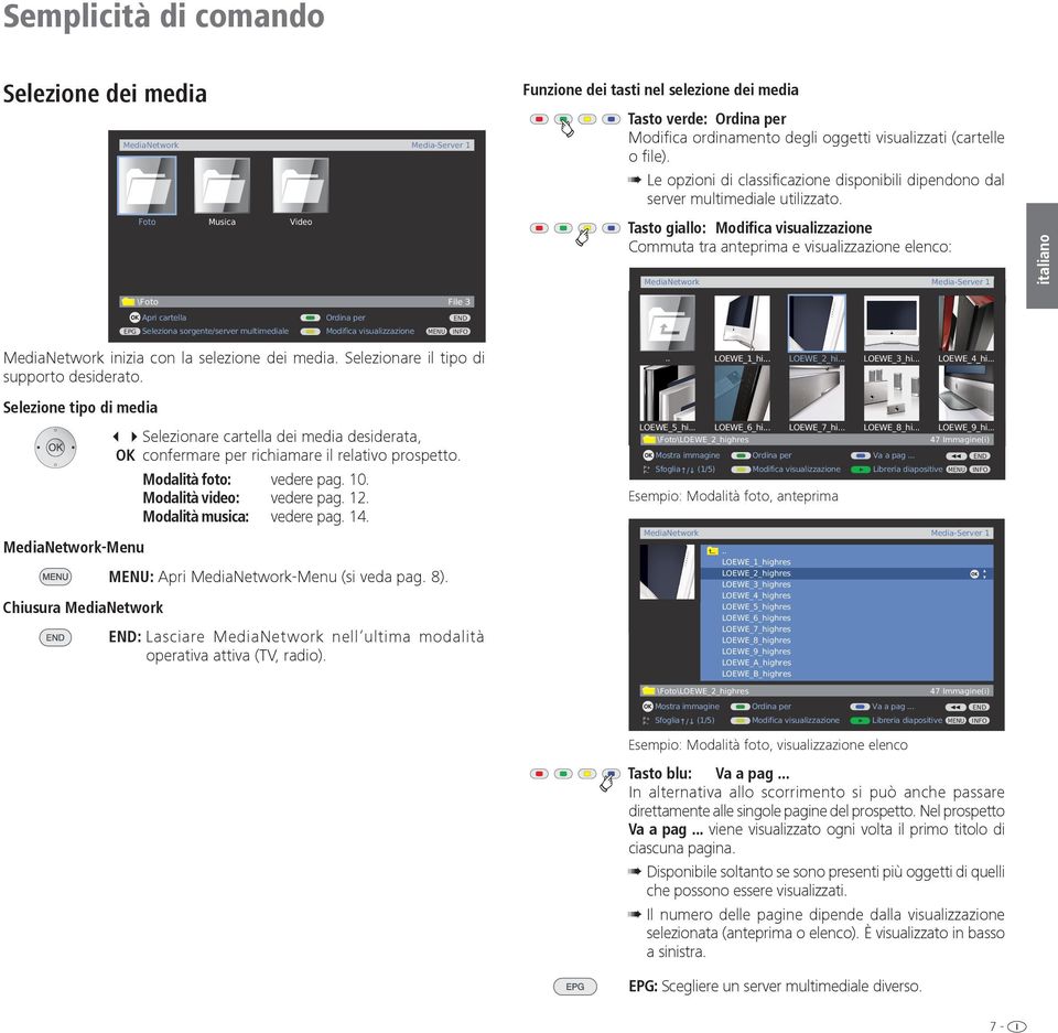 Tasto giallo: Modifica visualizzazione Commuta tra anteprima e visualizzazione elenco: MediaNetwork Media-Server 1 OK Apri cartella Ordina per EPG Seleziona sorgente/server multimediale Modifica