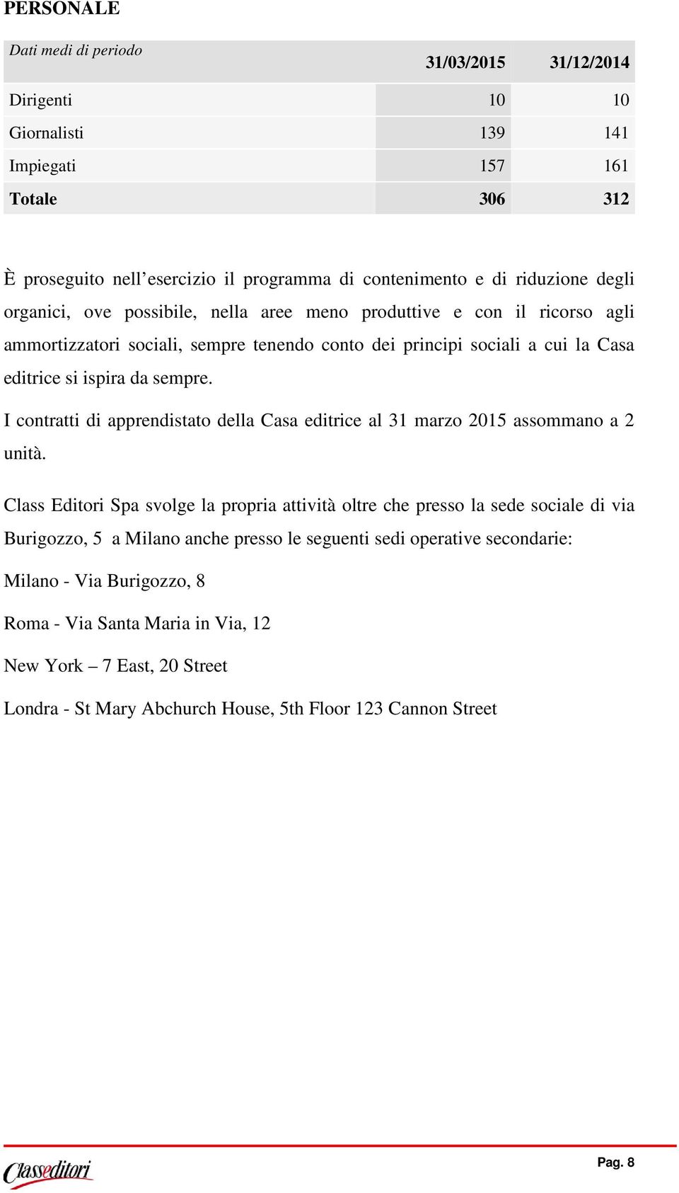 I contratti di apprendistato della Casa editrice al 31 marzo 2015 assommano a 2 unità.