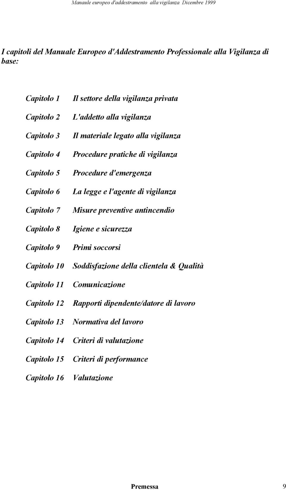 legato alla vigilanza Procedure pratiche di vigilanza Procedure d'emergenza La legge e l'agente di vigilanza Misure preventive antincendio Igiene e sicurezza Primi soccorsi