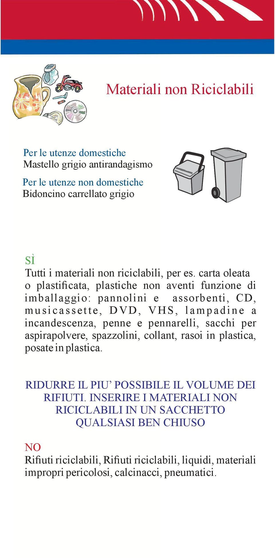 carta oleata o plastificata, plastiche non aventi funzione di imballaggio: pannolini e assorbenti, CD, m u s i c a s s e t t e, D V D, V H S, l a m p a d i n e a