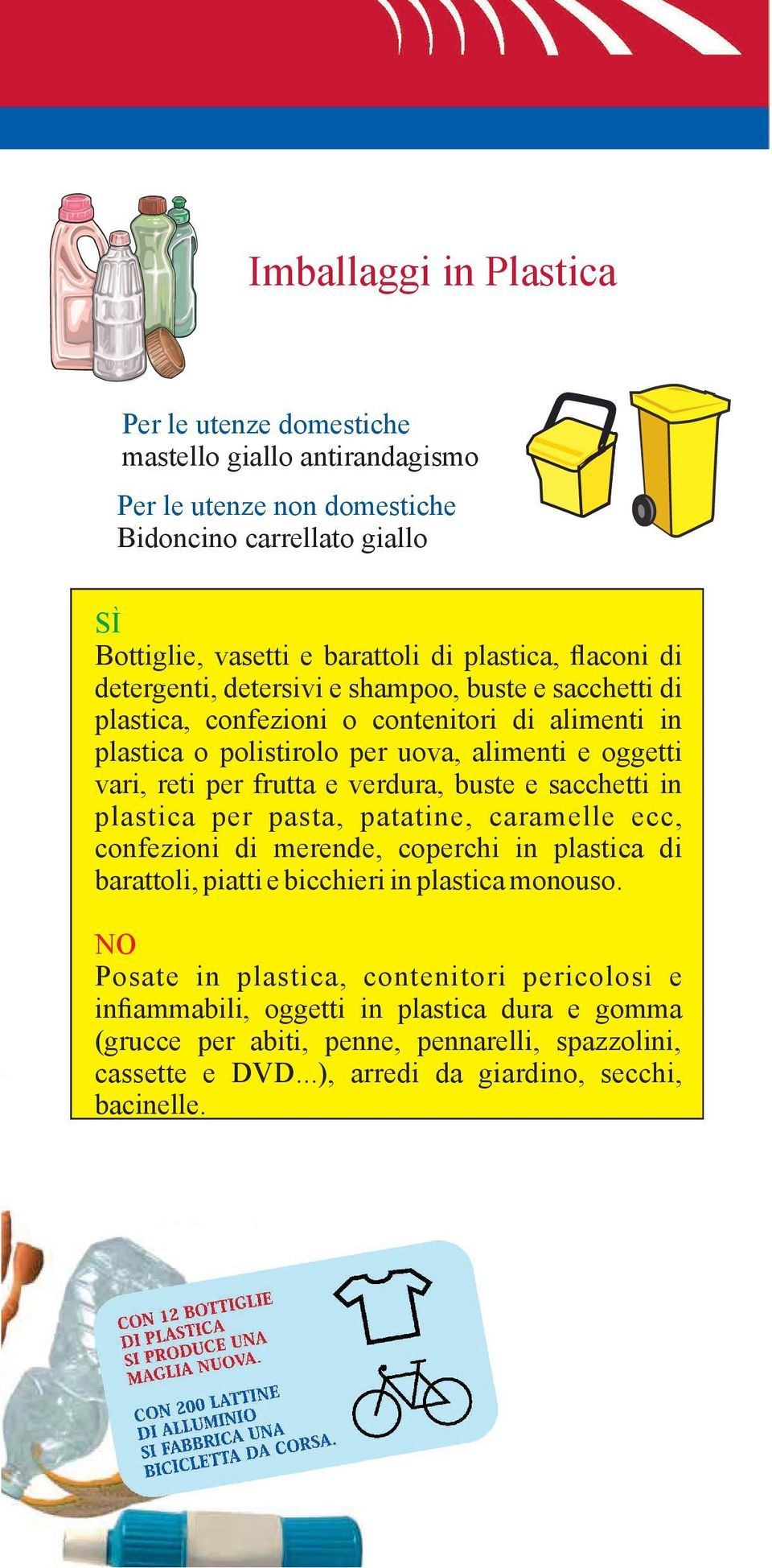 frutta e verdura, buste e sacchetti in plastica per pasta, patatine, caramelle ecc, confezioni di merende, coperchi in plastica di barattoli, piatti e bicchieri in plastica monouso.