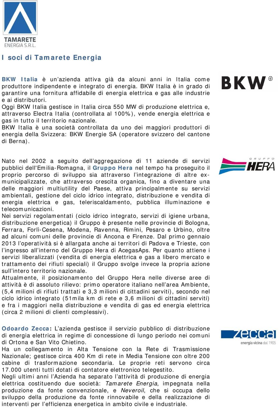 Oggi BKW Italia gestisce in Italia circa 550 MW di produzione elettrica e, attraverso Electra Italia (controllata al 100%), vende energia elettrica e gas in tutto il territorio nazionale.