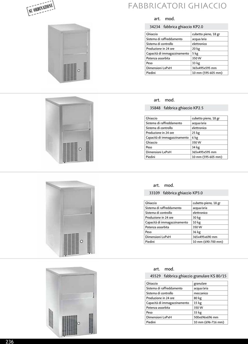 kg 5 kg 350 W 33 kg 365x495x595 mm 10 mm (595-605 mm) mod. 35848 fabbrica ghiaccio KP2.