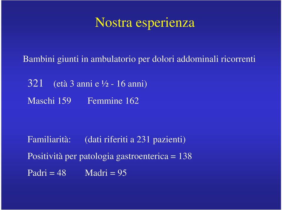 159 Femmine 162 Familiarità: (dati riferiti a 231 pazienti)