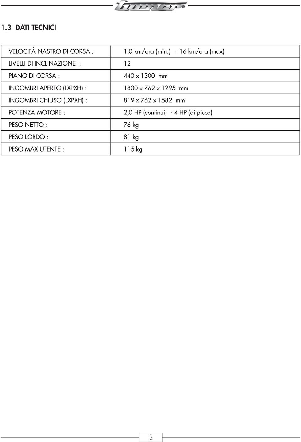 (LXPXH) : INGOMBRI CHIUSO (LXPXH) : POTENZA MOTORE : PESO NETTO : PESO LORDO : PESO