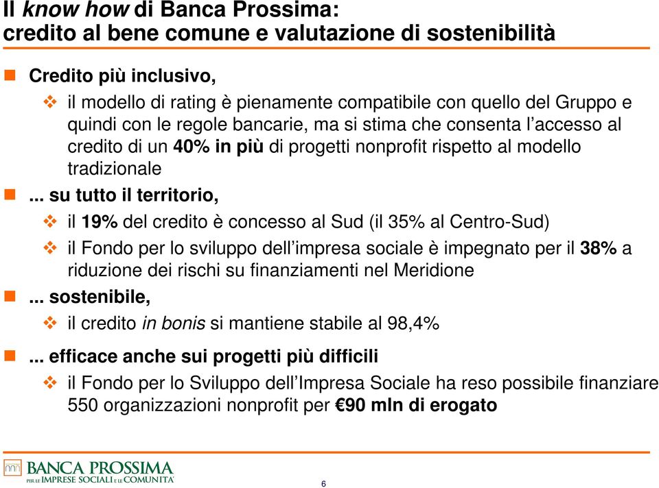 .. su tutto il territorio, il 19% del credito è concesso al Sud (il 35% al Centro-Sud) il Fondo per lo sviluppo dell impresa sociale è impegnato per il 38% a riduzione dei rischi su