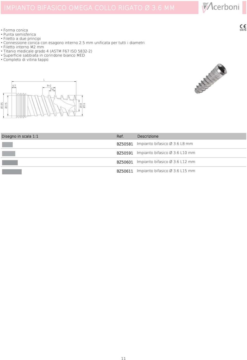 5 mm unificata per tutti i diametri Filetto interno M2 mm Titanio medicale grado 4 (ASTM F67 ISO 5832-2) Superficie
