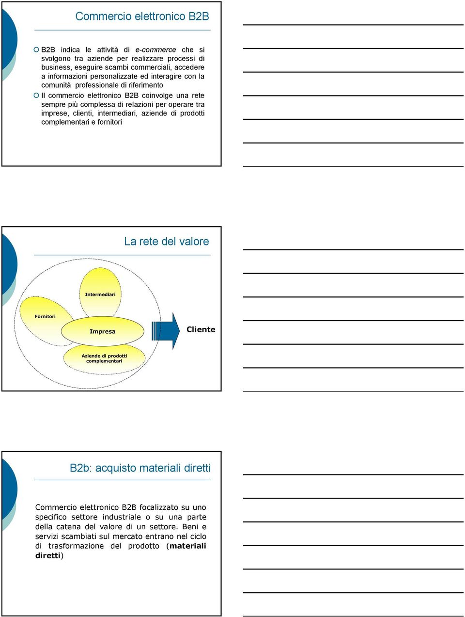 di prodotti complementari e fornitori La rete del valore Intermediari Fornitori Impresa Cliente Aziende di prodotti complementari B2b: acquisto materiali diretti Commercio elettronico B2B