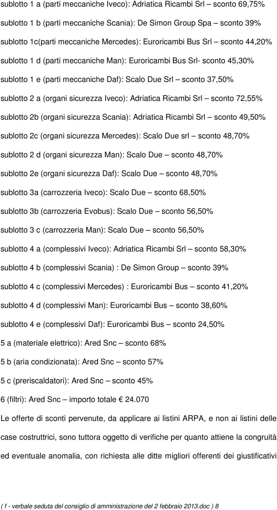 Adriatica Ricambi Srl sconto 72,55% sublotto 2b (organi sicurezza Scania): Adriatica Ricambi Srl sconto 49,50% sublotto 2c (organi sicurezza Mercedes): Scalo Due srl sconto 48,70% sublotto 2 d