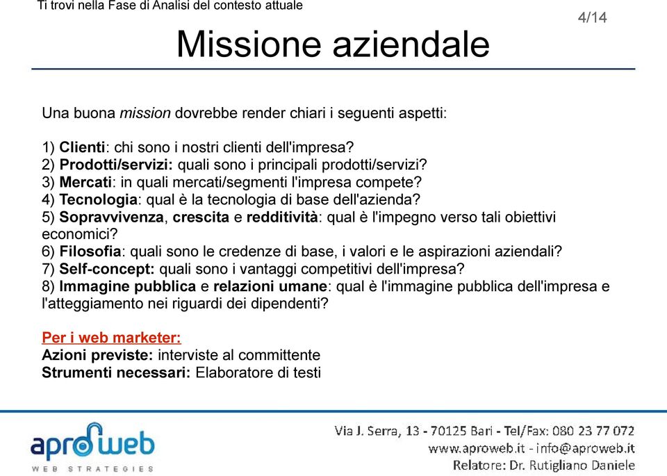 5) Sopravvivenza, crescita e redditività: qual è l'impegno verso tali obiettivi economici? 6) Filosofia: quali sono le credenze di base, i valori e le aspirazioni aziendali?