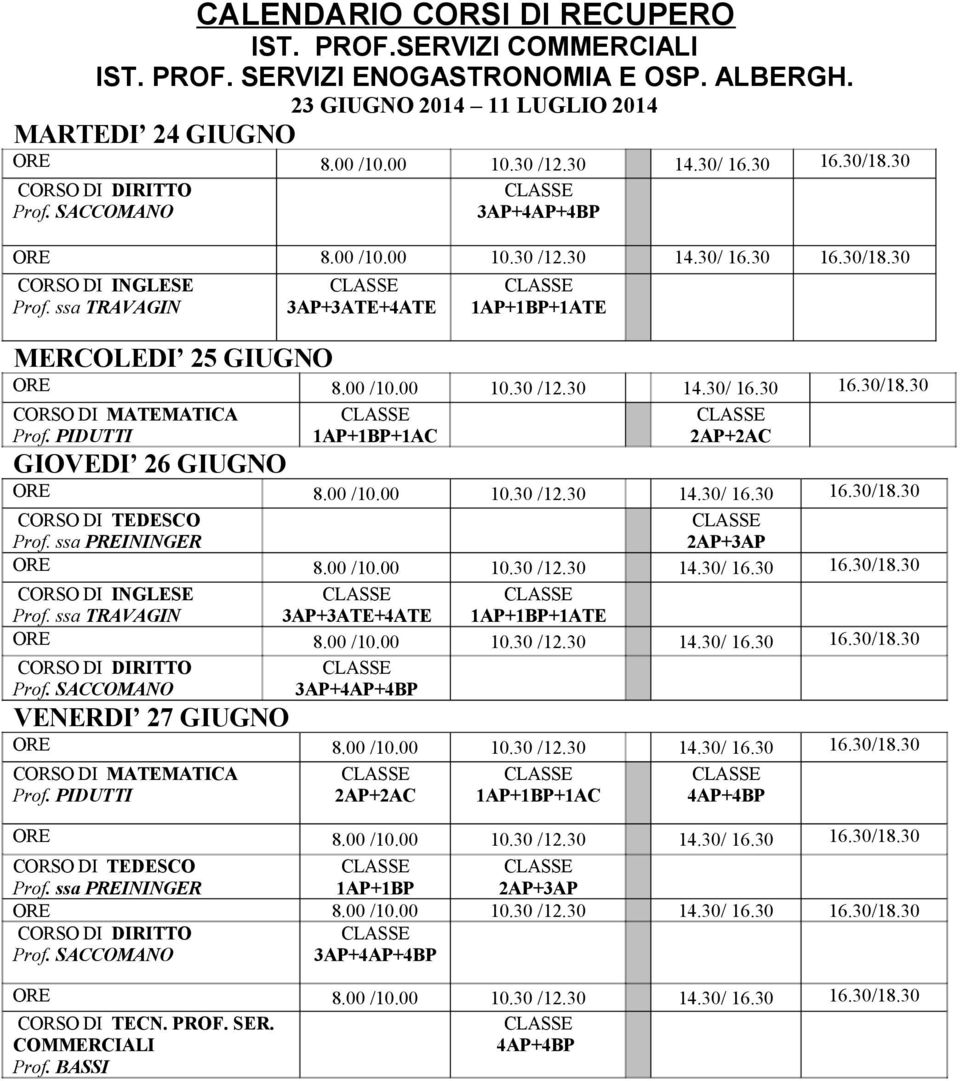 SACCOMANO 3AP+ 3AP+3ATE+4ATE 1AP+1BP+1ATE MERCOLEDI 25 GIUGNO 1AP+1BP+1AC 2AP+2AC GIOVEDI 26 GIUGNO CORSO DI TEDESCO Prof.